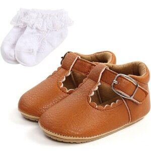 Baby Girl Pre-Walking Shoes 0-6 Month Mary Jane Brown Tan Soft Anti-Slip With Wh